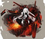  aircraft_carrier_hime akesuke_(ki-ko-ri) armor armored_boots black_dress boots breasts damaged dress fire kantai_collection large_breasts long_hair looking_at_viewer one_side_up open_mouth red_eyes shinkaisei-kan solo torn_clothes torn_dress turret veins very_long_hair white_hair white_skin 