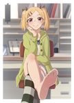  barefoot blonde_hair blush casino_(casinoep) chair expectant feet grey_eyes hair_ornament hair_ribbon hairclip hand_on_own_face highres hood hooded_jacket jacket office_chair pov_feet ribbon shirobako short_twintails shorts sitting smile soles solo striped striped_legwear thighhighs toes twintails yano_erika 