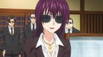  1girl 3boys animated animated_gif bouncing_breasts bra breasts cleavage huge_breasts long_hair looking_at_viewer minegasaki_yaeko multiple_boys purple_hair shokugeki_no_soma shokugeki_no_souma sunglasses underwear 