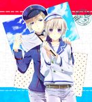  axis_powers_hetalia blonde_hair blush flag hair_ornament hairclip hat height_difference highres iceland_(hetalia) male_focus multiple_boys norway_(hetalia) purple_eyes sailor_hat washi_(micino) wavy_mouth white_flag 