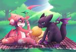  2014 ambiguous_gender anthro bite black_fur blue_eyes cute detailed_background dragon duo eating food forest fur furred_dragon grass green_eyes horn open_mouth pink_skin ru_(rudragon) rudragon shadow sitting tree waffle wings 