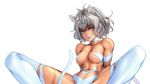  animal_ears arikawa breasts bryanth cat_ears cat_tail commentary cosplay felicia felicia_(cosplay) headshop highres hunter_x_hunter messy_hair neferpitou out-of-frame_censoring red_eyes revealing_clothes short_hair silver_hair simple_background solo spread_legs tail third-party_edit vampire_(game) white_background 