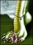  2003 anthro barefoot black_hair bucket claws clothed clothing dragon english_text feet female foot_focus green_scales hair half-dressed human loincloth mammal markie navel nude outside painting ponytail scalie size_difference slave text toe_claws topless white_scales yellow_scales 