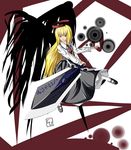  black_wings blonde_hair darkness ex-rumia foreshortening gutchon halo long_hair rumia shirt skirt smile sword touhou vest weapon wings 