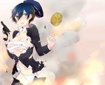  blue_eyes blue_hair breasts cabbie_hat gun handgun hat large_breasts open_clothes open_shirt panties persona persona_4 popped_button revolver sarashi school_uniform shinocco shirogane_naoto shirt short_hair solo torn_clothes underwear undone_sarashi weapon 