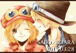  1boy 1girl blonde_hair character_name goggles goggles_on_hat hat koala_(one_piece) one_piece sabo_(one_piece) scar smile 