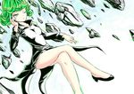  1girl absurdres bare_legs curly_hair dress flying green_eyes green_hair highres impossible_clothes impossible_dress long_sleeves one-punch_man onepunch-man panties pantyshot psychic shoes sky superhero tatsumaki underwear 