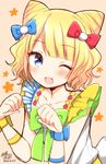  ;d blonde_hair blue_eyes blush bow dated fang hair_bow minami_mirei one_eye_closed open_mouth pretty_(series) pripara ribbon short_hair smile solo star tsukudani_norio 