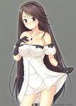  agnes_oblige bare_shoulders black_gloves blush bravely_default:_flying_fairy bravely_default_(series) breasts brown_eyes brown_hair cleavage dress flying_sweatdrops gloves hairband hand_on_own_chest jewelry large_breasts long_hair miyai_sen necklace pendant simple_background solo strapless strapless_dress very_long_hair white_dress 