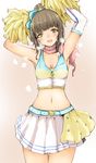  :d armpits arms_up bangs bare_shoulders belt blunt_bangs blush bow breasts breath brown_hair buckle cheerleader cowboy_shot crop_top elbow_gloves fringe_trim gloves green_eyes hair_bow hair_bun hamaguchi_ayame haruyukiko head_tilt highres idolmaster idolmaster_cinderella_girls legs_together looking_at_viewer midriff navel nose_blush open_mouth pleated_skirt pom_poms scarf single_glove skirt small_breasts smile solo standing tank_top thigh_gap white_skirt wide_hips 