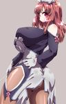  ass bare_shoulders breasts gloves grey_background huge_breasts la_pucelle pantyhose prier red_eyes red_hair simple_background solo thick_thighs thighs tokyo_(great_akuta) 
