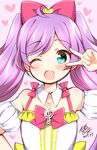  ;d aqua_eyes bare_shoulders blush bow dated hair_bow heart long_hair looking_at_viewer manaka_lala one_eye_closed open_mouth pretty_(series) pripara purple_hair smile solo treble_clef tsukudani_norio twintails v 