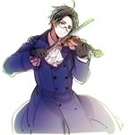  ahoge austria_(hetalia) axis_powers_hetalia black_gloves black_hair coat cravat glasses gloves himaruya_hidekazu instrument male_focus mole mole_under_mouth official_art purple_eyes violin 