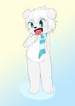  bear blue_eyes blush bottomless chubby clothed clothing clyndemoon cub digital_media_(artwork) eating food fur hair half-dressed hands_behind_back hi_res ice_cream kemoshota mammal open_mouth polar_bear scarf standing teeth tongue tongue_out toony topless white_fur white_hair young 