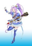  alternate_costume belt blue_choker blue_footwear blue_skirt boots choker crossover cure_beat electric_guitar guitar highres horn instrument kamen_rider kamen_rider_hibiki_(series) kamen_rider_todoroki kijinaka_mahiro kurokawa_eren marking_on_cheek parody ponytail precure purple_hair seiren_(suite_precure) skirt suite_precure thigh_boots thighhighs yellow_eyes 