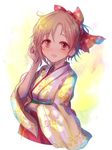  aiba_yumi bow brown_hair floral_print hair_bow hand_in_hair idolmaster idolmaster_cinderella_girls japanese_clothes kara_(color) kimono looking_at_viewer red_eyes short_hair smile solo upper_body 