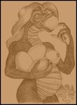  2003 anthro belly big_belly breasts claws dragon eating egg english_text female greyscale hair holding long_hair markie monochrome nipples nude open_mouth scalie sketch slit_pupils solo teeth text 