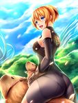  :d ass bare_shoulders blonde_hair blue_eyes breasts capybara elbow_gloves fingerless_gloves gloves god_eater highres medium_breasts mole mole_under_eye open_mouth original pantylines player_(god_eater_2) riding short_hair skin_tight smile solo watanuki_kaname 