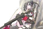  ar-15 assault_rifle black_hair blue_eyes bra breasts bullet cleavage eotech gloves gun knife load_bearing_vest looking_at_viewer open_mouth original panties red_gloves rifle simple_background sitting small_breasts solo tajima_ryuushi tattoo thigh_strap twintails underwear weapon white_background white_bra white_panties 