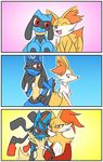  age_progression arm_hug artist_request blush braixen delphox fennekin fox lucario mega_lucario no_humans pokemon pokemon_(game) pokemon_xy 