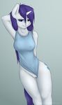  2015 anthro anthrofied arm_behind_head arms_behind_back blue_eyes breasts clothing cutie_mark equine erect_nipples female friendship_is_magic fur hair horn looking_at_viewer mammal my_little_pony nipples one-piece_swimsuit purple_hair pussy pussy_juice rarity_(mlp) smile solo staggeredline swimsuit unicorn white_fur 