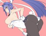  animal_ears armpits ass ban bare_shoulders black_legwear blue_eyes blue_hair breasts bunny_ears bunny_tail bunnysuit detached_collar downscaled fake_animal_ears gloves hair_ribbon hand_on_hip hand_on_own_knee huge_breasts jpeg_artifacts long_hair looking_at_viewer md5_mismatch mitsurugi_meiya muvluv nipples pantyhose parted_lips perky_breasts ponytail red_background resized ribbon simple_background solo tail white_ribbon 