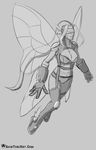  1girl breasts censored digimon digimon_frontier fairy_wings fairymon female flying gauntlets gloves head_wings legs long_hair monochrome shintori solo underwear wings 