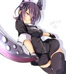  black_gloves black_skirt cardigan checkered checkered_neckwear dated eyepatch fingerless_gloves gloves headgear jiino kantai_collection leg_up looking_at_viewer necktie pleated_skirt purple_hair shadow short_hair simple_background skirt smile solo sword tenryuu_(kantai_collection) thighhighs weapon white_background yellow_eyes 