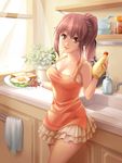  apron bare_shoulders breasts brown_eyes brown_hair chocofox collarbone food frilled_skirt frills highres large_breasts long_hair looking_at_viewer mayonnaise miniskirt open_mouth original ponytail skirt solo squeeze_bottle tako-san_wiener window 