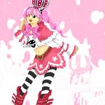  1girl bangs bear belt capelet crown female ghost one_piece patterned_legwear perona pink_hair skirt solo striped_legwear tongue twintails two-tone_stripes 