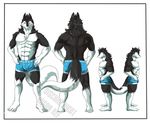  abs biceps black_fur black_hair blue_eyes claws clothing discordnight fur hair mammal mayar muscles necklace pants pecs sergal standing toned 