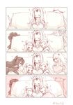  4koma 5girls :3 ^_^ ahoge airfield_hime closed_eyes closed_mouth comic covered_mouth covering_with_blanket fumizuki horn horns isolated_island_oni kantai_collection long_hair midway_hime mittens multiple_girls northern_ocean_hime one_eye_closed open_mouth red_eyes seaport_hime shinkaisei-kan silent_comic twitter_username 