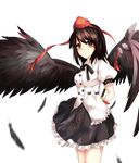  arms_behind_back bird_wings black_hair blouse cowboy_shot feathers frilled_skirt frills hat highres karasen leaf_fan looking_at_viewer puffy_short_sleeves puffy_sleeves red_eyes ribbon shameimaru_aya short_hair short_sleeves skirt smile solo tokin_hat touhou transparent_background wings 