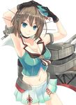  &gt;:) armpits arms_up bare_shoulders beret black_gloves blue_eyes breasts brown_hair choker cleavage cowboy_shot gloves gradient_skirt hair_ribbon hands_on_own_head hat headgear kantai_collection large_breasts looking_at_viewer maya_(kantai_collection) midriff mini_hat miniskirt neckerchief remodel_(kantai_collection) ribbon sailor_collar short_hair simple_background skirt smile solo v-shaped_eyebrows white_background yuragi_(sdmzonari) 