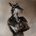  anthro armor black_fur black_hair blue_background blue_eyes clothed clothing discordnight dog_tags eyewear fur glasses goggles hair half-dressed headwear male microphone muscles pecs plain_background pose sergal smile solo stigmata toned topless white_fur 