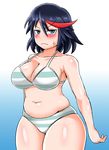  angry annoyed bad_id bad_pixiv_id belly black_hair blue_eyes blush bra breasts collarbone frown kill_la_kill large_breasts looking_at_viewer matoi_ryuuko multicolored_hair navel nega96396 panties plump red_hair solo streaked_hair striped striped_bra striped_panties thick_thighs thighs underwear underwear_only wide_hips 