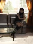  1girl bangs black_hair boots cartains couch curtain nico_robin one_piece pillow sitting solo table window 