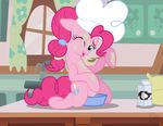  baking blue_eyes bowl chef_hat cookie_dough cutie_mark equine female flour food food_play friendship_is_magic fur hair hooves horse inside kitchen long_hair looking_at_viewer mammal milk my_little_pony niggerfaggot open_mouth pink_fur pink_hair pinkie_pie_(mlp) pony smile solo spoon 