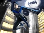  1boy batman_(series) bodysuit city dc_comics dick_grayson domino_mask escrima_stick mask night nightwing 