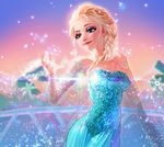  1girl blonde_hair blue_eyes braid dress elsa_(frozen) frozen_(disney) ice queen rukiana sequins snow solo 