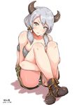  bad_id bad_pixiv_id breasts brown_eyes brown_hair camieux cleavage collarbone cow_horns denim denim_shorts draph granblue_fantasy horns kaeru_otoko large_breasts long_hair looking_at_viewer low_twintails panties pantyshot serious shorts silver_hair solo striped striped_panties tears thighs twintails underwear upshorts 