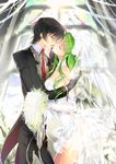  1girl bare_shoulders black_hair bouquet breasts bridal_gauntlets bridal_veil c.c. choker closed_eyes code_geass commentary_request couple creayus dress earrings flower formal gloves good_end green_hair grey_hair hetero jewelry kiss lelouch_lamperouge long_hair medium_breasts necktie revision scar see-through shiny shiny_hair suit tailcoat veil wedding wedding_dress 