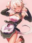  :d animal_ears apron blush cat_ears cat_tail chiri_(dream_c_club_gogo.) detached_sleeves dream_c_club_(series) dream_c_club_gogo. drunk highres mary_janes no_socks nyama open_mouth paw_pose paw_print shoes short_hair silver_hair simple_background smile solo tail tan waitress wavy_mouth 