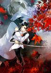  bad_id bad_pixiv_id bakumatsu_rouman black_eyes black_hair dual_persona grey_hair kaede_(bakumatsu_rouman) katana leaf looking_at_viewer male_focus maple_leaf multiple_boys noki_(affabile) object_namesake snk sword weapon 