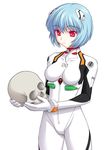  ayanami_rei bangs blue_hair bodysuit bracer breasts cowboy_shot expressionless frown gloves hair_ornament holding looking_down medium_breasts miyama_amehiko neon_genesis_evangelion number pilot_suit plugsuit red_eyes short_hair simple_background skull solo turtleneck white_background white_bodysuit 