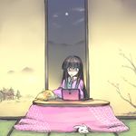  black_hair blue_eyes bunny chips computer food houraisan_kaguya kotatsu laptop moon mouth_hold neet onimaru_gonpei solo table tatami touhou 