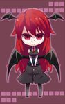  bat_wings bespectacled book glasses head_wings kanami_yuu koakuma long_hair pantyhose red_eyes red_hair solo touhou wings 