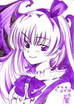  bat_wings bow frills hair_bow hairband koyomiuta kurumi_(touhou) long_hair monochrome pointy_ears purple ribbon slit_pupils smile solo suspenders touhou touhou_(pc-98) traditional_media wings 