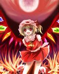  blonde_hair blush bow crystal fang fire flandre_scarlet full_moon highres marionette_(excle) moon one_side_up ponytail red_eyes red_sky ribbon short_hair skull sky solo touhou wings 