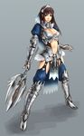  armor bikini_armor bracer brown_hair loincloth metal_boots minoo navel original polearm solo spear tiara trident weapon 